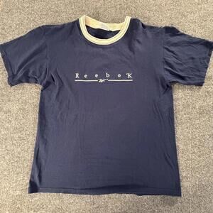 Reebok Vintage Navy Blue T-Shirt with‎ Cream Collar Large #734